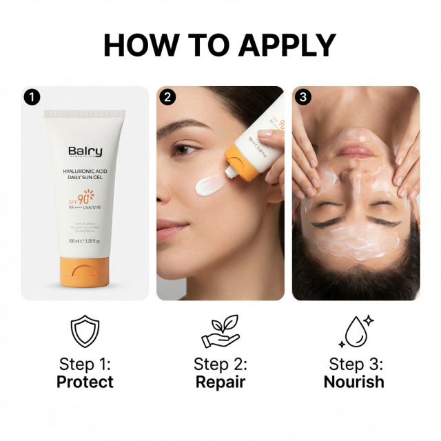 Step-by-step guide on applying Balry Sun Gel 15 minutes before exposure for effective daily face sun protection.