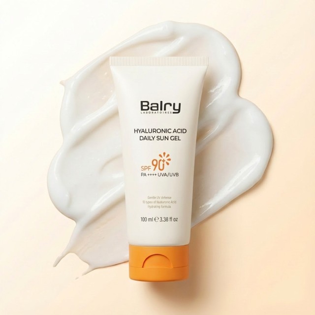Swatch of Balry SPF 90 Sun Gel showing a clear, watery texture that absorbs quickly without greasiness, ideal for oily skin.