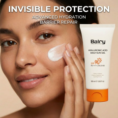Model with oily skin type showcasing a fresh, matte look after applying Balry SPF 90 Sun Gel.