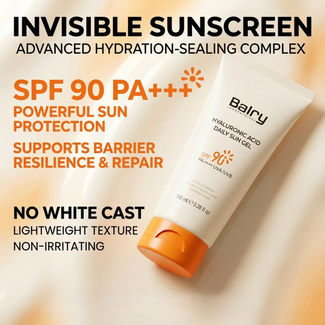 Icons representing SPF 90, PA+++, and broad-spectrum UVA/UVB defense, showing maximum sun protection capabilities.