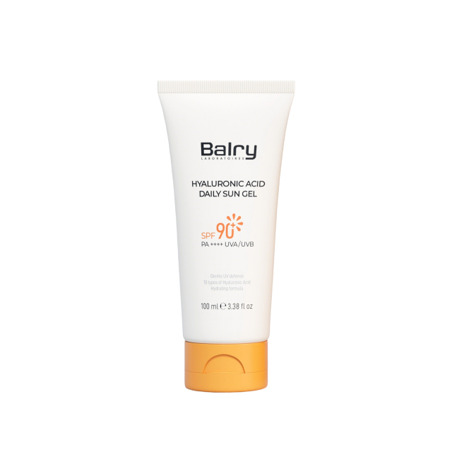 Balry SPF 90 Hyaluronic Acid Daily Sunscreen bottle on white background, offering ultra-high broad-spectrum protection for wholesale.