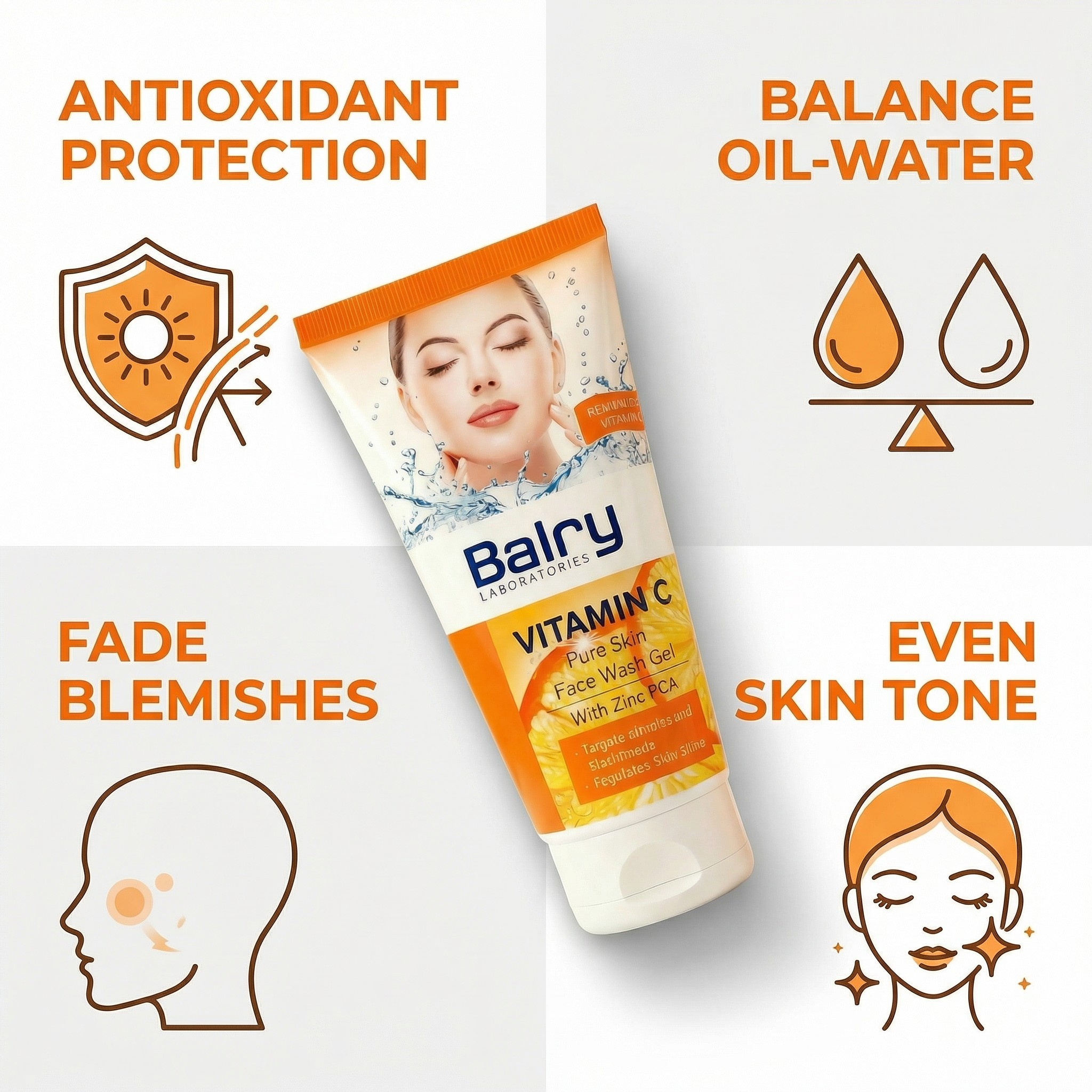 Diagram detailing the 4-in-1 benefits: Deep Cleansing, Shine Control, Antibacterial Action, and Brightening.