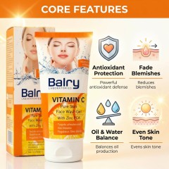 Icons representing soap-free, antibacterial, and shine control features of this face wash for oily skin.