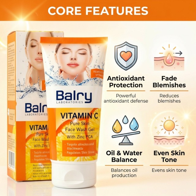 Icons representing soap-free, antibacterial, and shine control features of this face wash for oily skin.