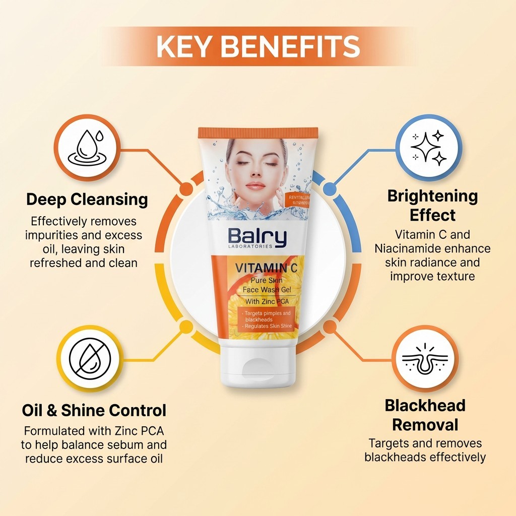 Graphic illustrating the brightening effect and blemish reduction provided by the Vitamin C and Zinc PCA formula.