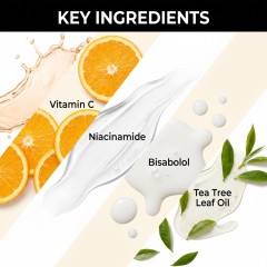 Ingredient chart showing Vitamin C, Zinc PCA, and Tea Tree Oil in Balry's acne face wash formula.