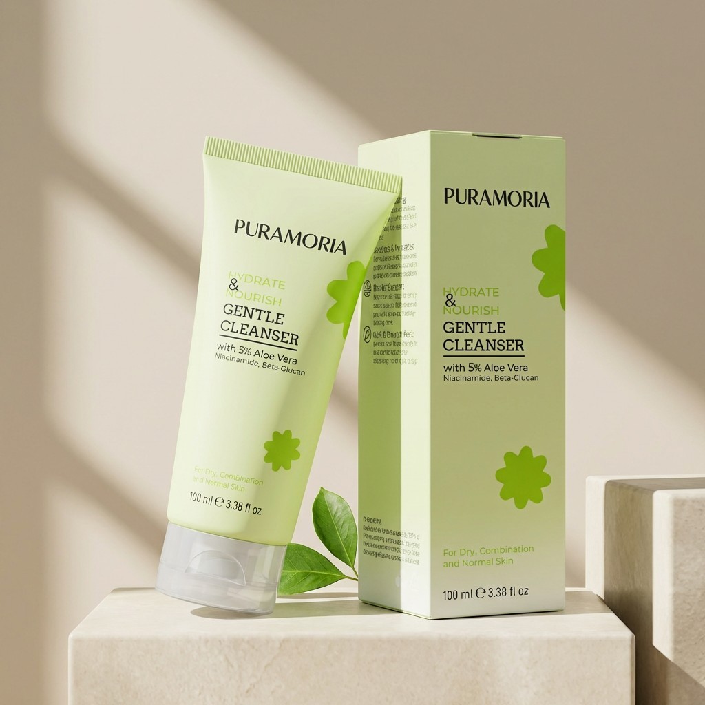 PURAMORIA Hydrate and Nourish Gentle Cleanser tube and retail box displayed on stone podium with leaf. Best everyday hydrating facial cleanser for dry, combination, and normal skin types.
