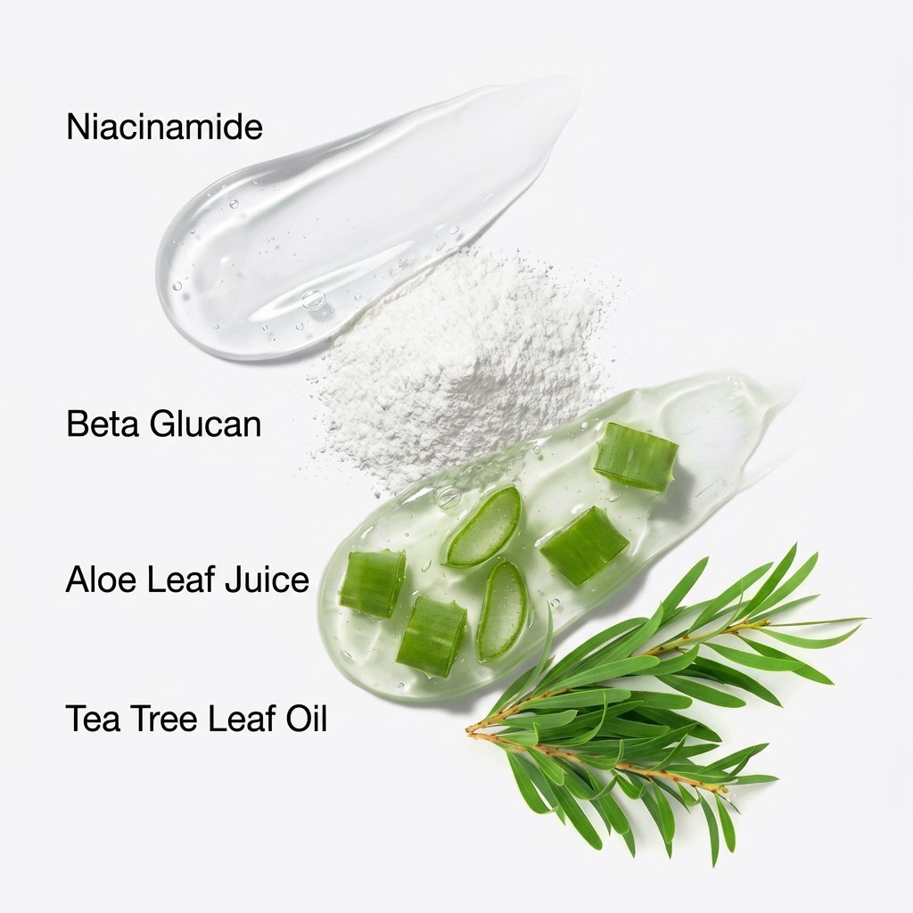 Raw ingredient swatches visualization for PURAMORIA Gentle Cleanser, showing clear Niacinamide gel, white Beta Glucan powder, Aloe Leaf Juice with chunks, and Tea Tree Leaf Oil branch. Highlights a soothing, barrier-supportive formula.