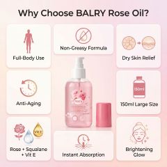 Infographic detailing 9 reasons to choose BALRY Rose Oil, including anti-aging, dry skin relief, and 150ml large size for skincare distributors and private label buyers.