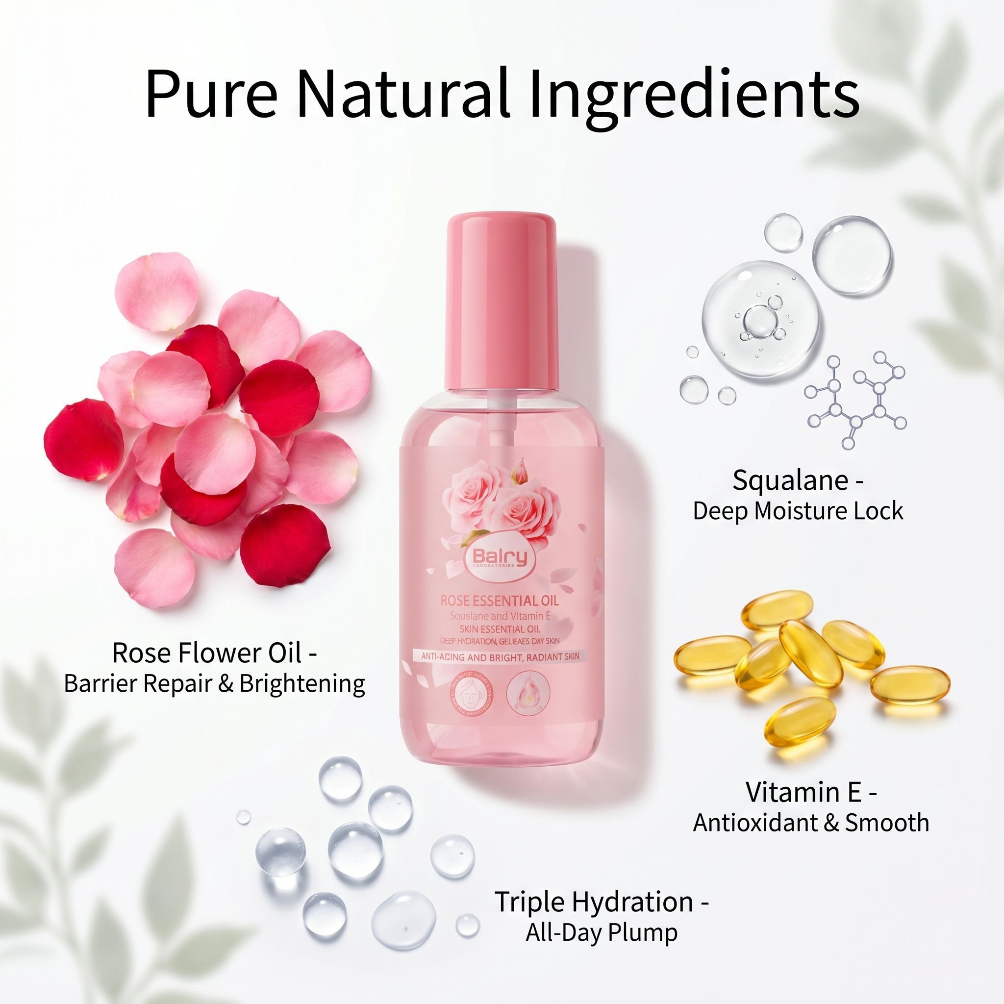 A detailed breakdown of BALRY Rose Oil ingredients featuring Rose Flower Oil for barrier repair, Squalane for moisture lock, and Vitamin E for antioxidant support.