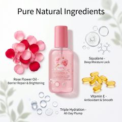 A detailed breakdown of BALRY Rose Oil ingredients featuring Rose Flower Oil for barrier repair, Squalane for moisture lock, and Vitamin E for antioxidant support.