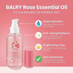 Marketing infographic for BALRY Rose Essential Oil showcasing 4 core benefits: deep hydration, anti-aging radiance, brightening glow, and zero greasiness for full-body use.