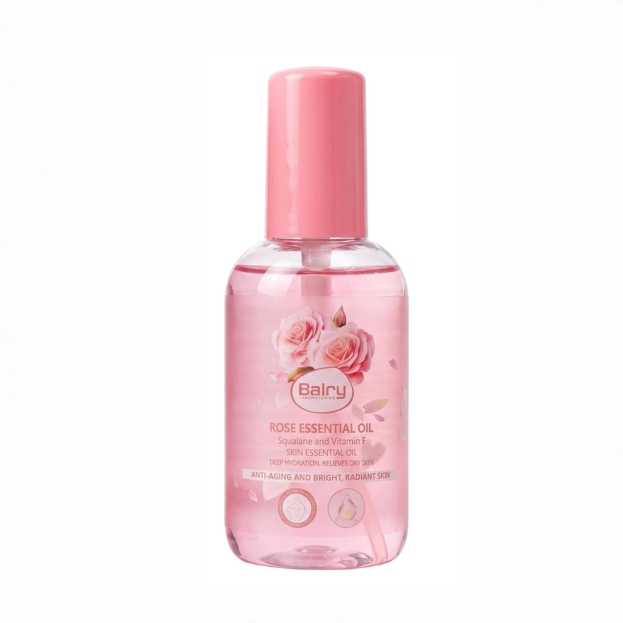 Professional product photography of BALRY Rose Essential Oil 150ml bottle and packaging box, designed for luxury rose-based private label body care collections.