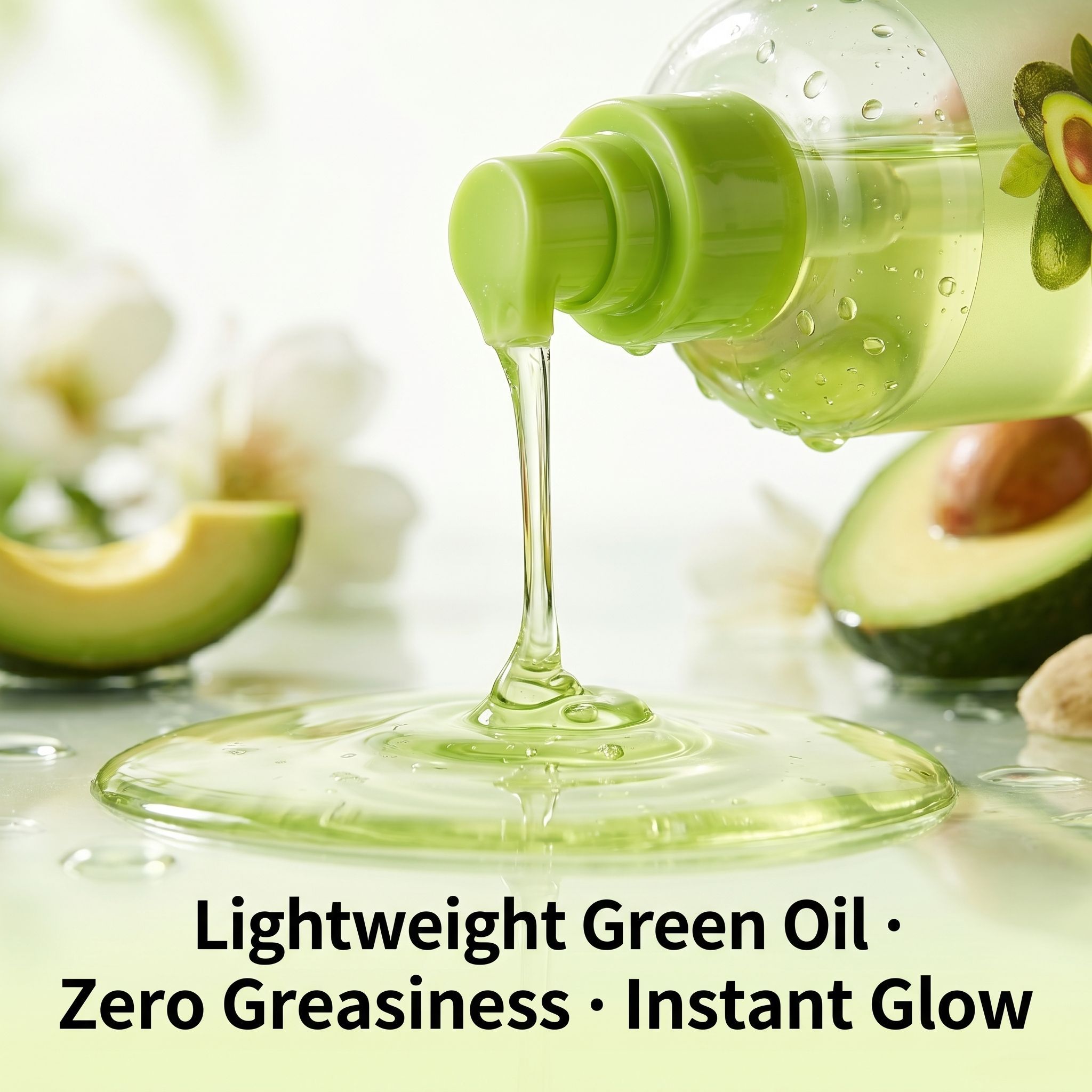 Close-up of BALRY Avocado Body Oil on skin, demonstrating a lightweight green oil texture with instant absorption for a non-greasy, skin-firming finish.