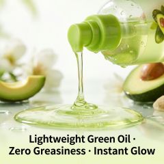 Close-up of BALRY Avocado Body Oil on skin, demonstrating a lightweight green oil texture with instant absorption for a non-greasy, skin-firming finish.