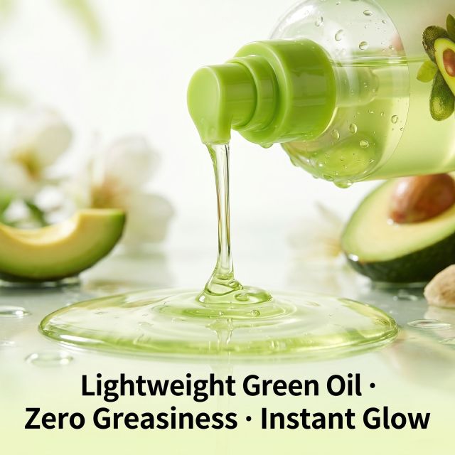 Close-up of BALRY Avocado Body Oil on skin, demonstrating a lightweight green oil texture with instant absorption for a non-greasy, skin-firming finish.