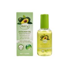 Professional product photography of BALRY Avocado Essential Body Oil 150ml bottle and packaging box, formulated for private label anti-aging body care collections.