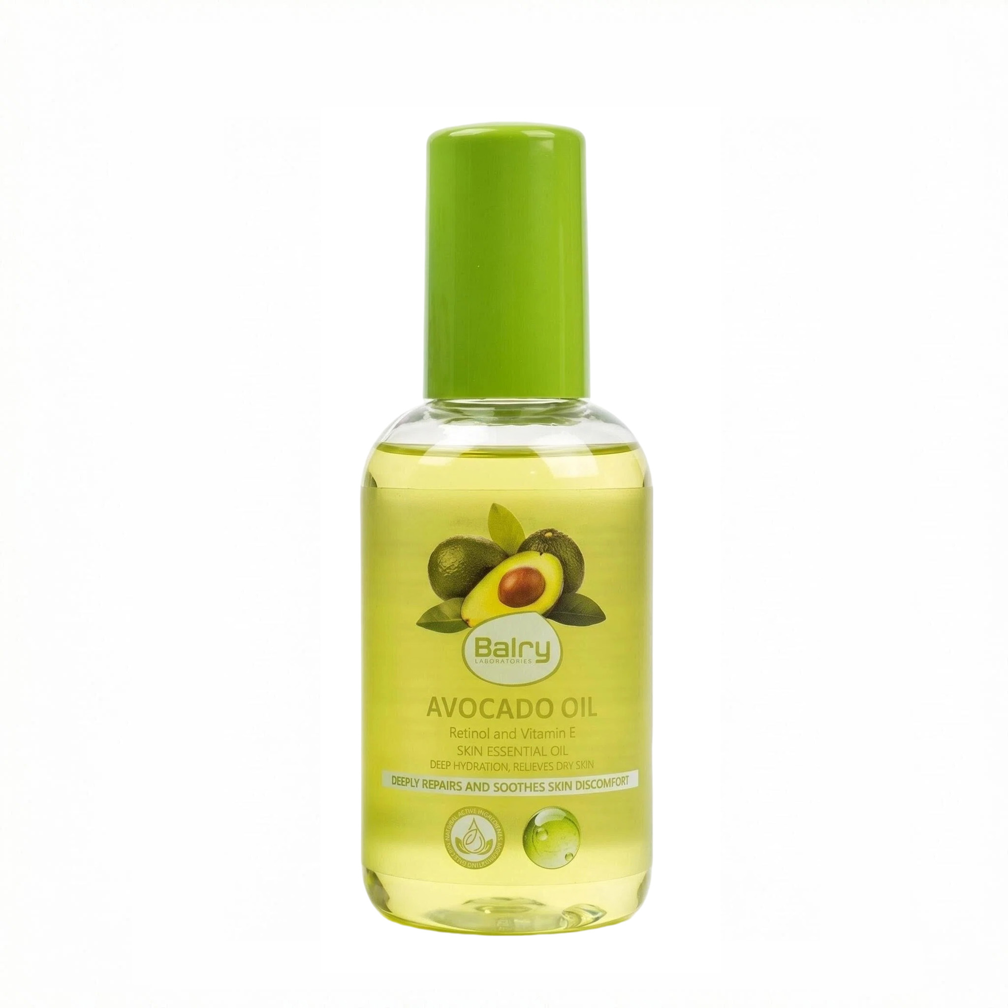 Professional product photography of BALRY Avocado Essential Body Oil 150ml bottle on a white background