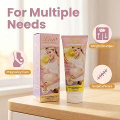 Visual map highlighting target applications of Liru skin repair lotion for pregnancy scars, postpartum stretch marks, weight loss lines, and surgery marks.