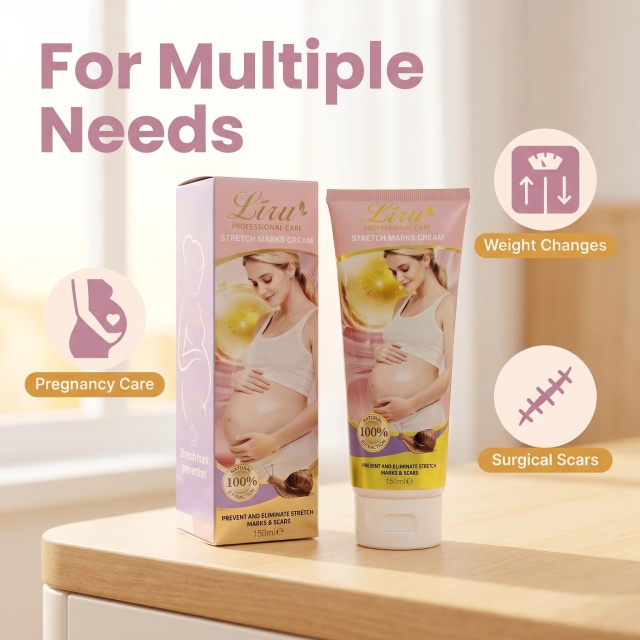 Visual map highlighting target applications of Liru skin repair lotion for pregnancy scars, postpartum stretch marks, weight loss lines, and surgery marks.
