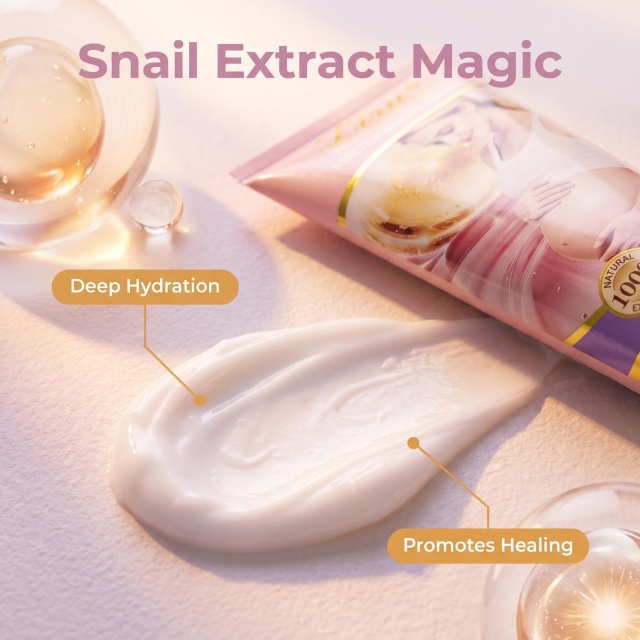 Macro close-up shot showing the fast-absorbing, moisturizing lotion texture of Liru stretch mark repair cream infused with pure snail extract.