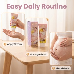 Infographic illustrating step-by-step routine application guide for Liru snail extract stretch mark cream to achieve optimal postpartum skin repair.