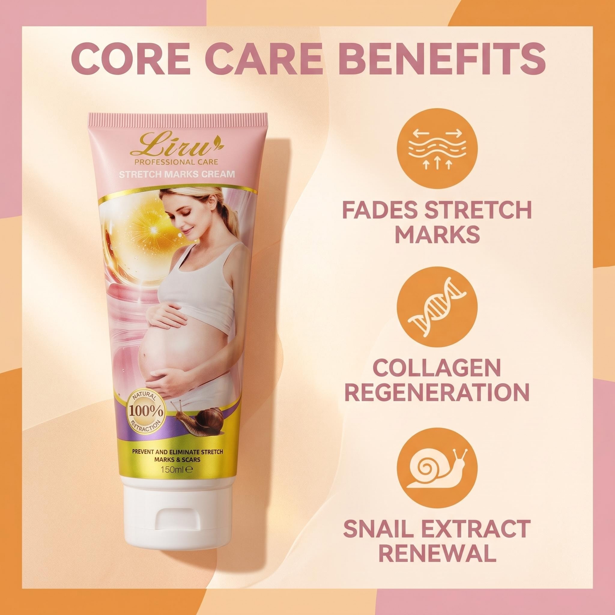 Icon-based USP infographic summarizing Liru snail stretch mark repair cream advantages: cellular regeneration, deep hydration, and elasticity reinforcement.