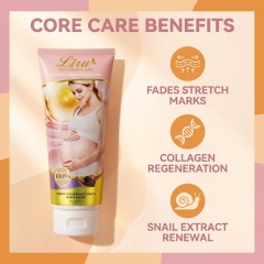Icon-based USP infographic summarizing Liru snail stretch mark repair cream advantages: cellular regeneration, deep hydration, and elasticity reinforcement.