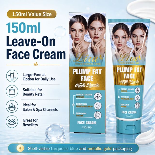 Liru 150ml leave-on face cream with turquoise and metallic gold packaging for beauty retail, salon, spa, and reseller channels.