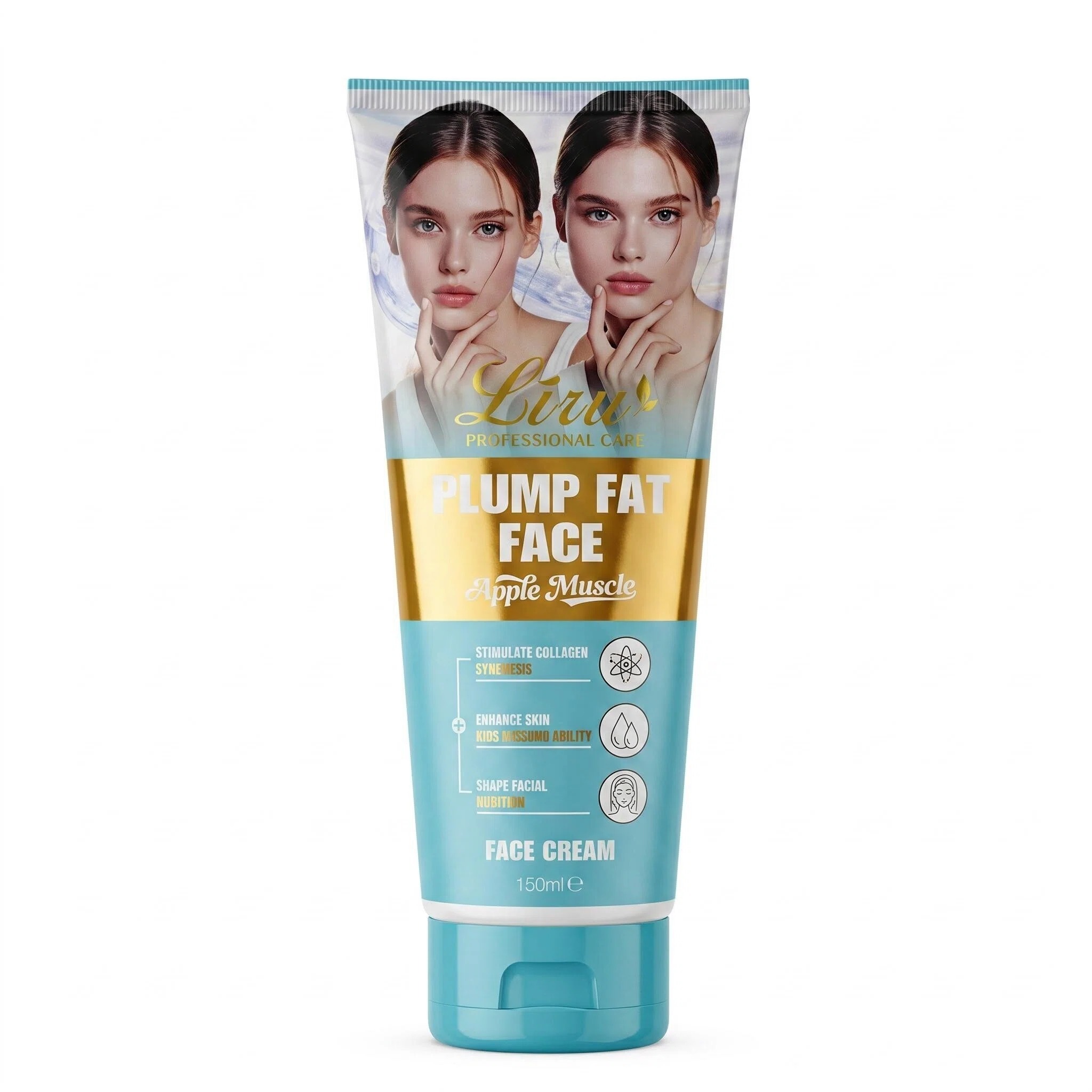 Liru 150ml facial plumping moisturizer tube on a white background with turquoise blue and metallic gold packaging.