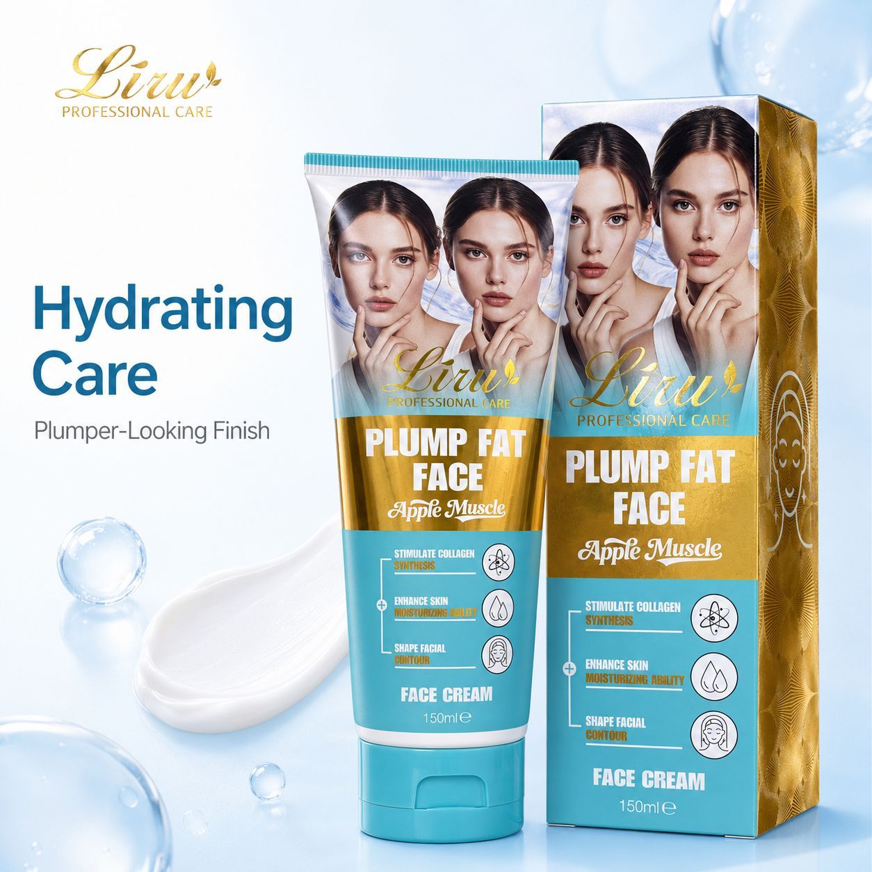 Liru Hydrating Care face cream and box with a plumper-looking finish message in a clean blue skincare product scene.