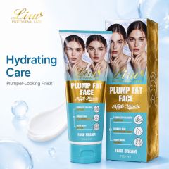 Liru Hydrating Care face cream and box with a plumper-looking finish message in a clean blue skincare product scene.