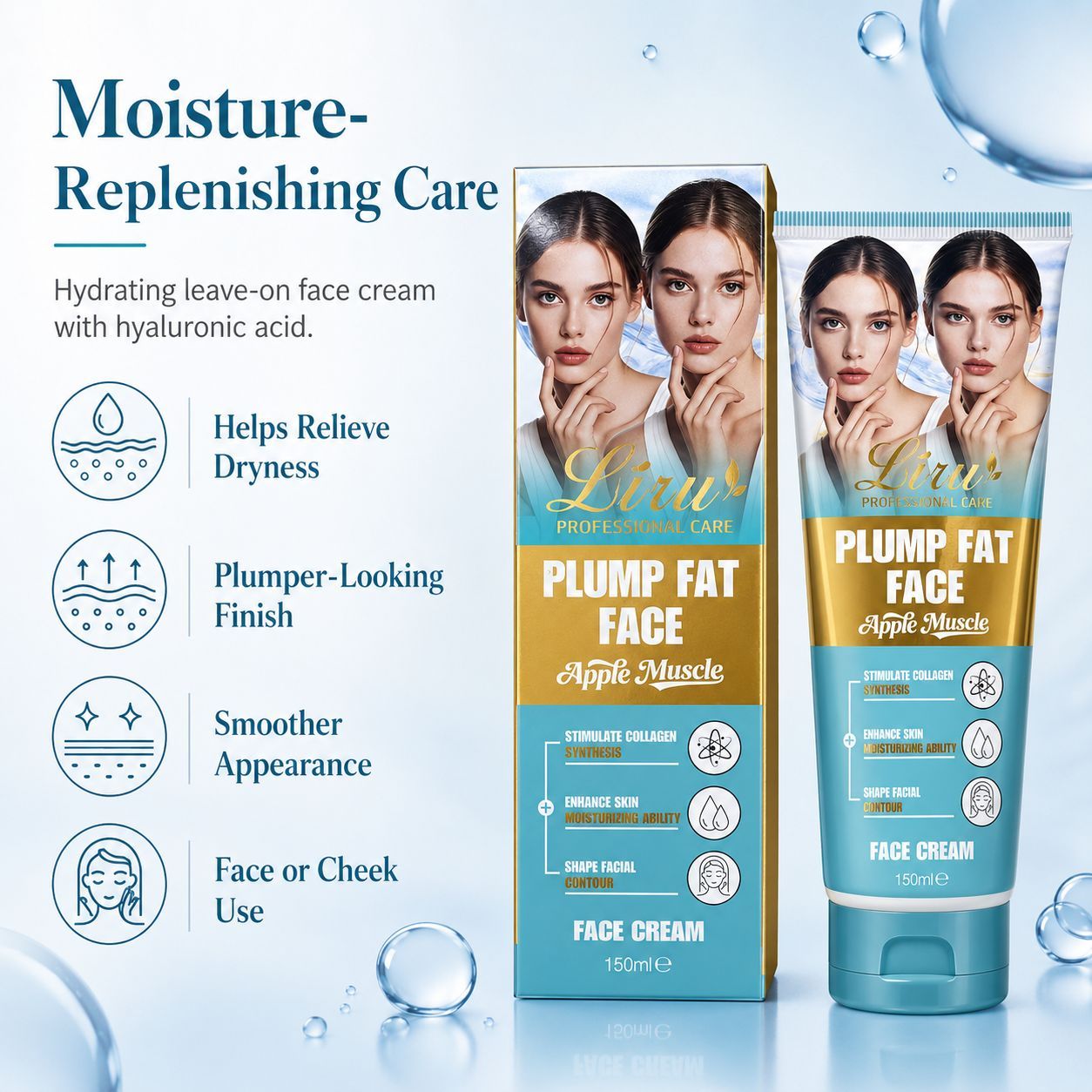 Liru moisture-replenishing face cream benefits image showing hydration, plumper-looking finish, smoother appearance, and face or cheek use.