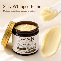 Open DAQAN whipped tallow balm with a spoonful and smooth cream swatch showing its silky, melt-on-contact texture.