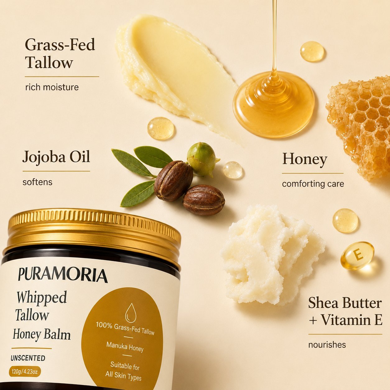 Wholesale Unscented Whipped Beef Tallow & Honey Balm – 120g