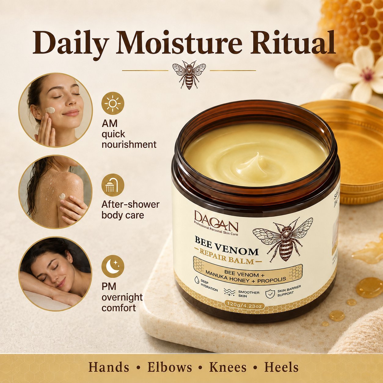Open 120g jar of DAQAN Bee Venom Repair Balm shown for morning care, after-shower body care, overnight use, and dry areas such as hands, elbows, knees, and heels.