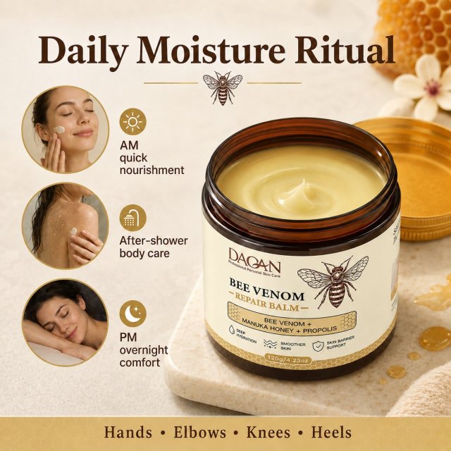 Open 120g jar of DAQAN Bee Venom Repair Balm shown for morning care, after-shower body care, overnight use, and dry areas such as hands, elbows, knees, and heels.