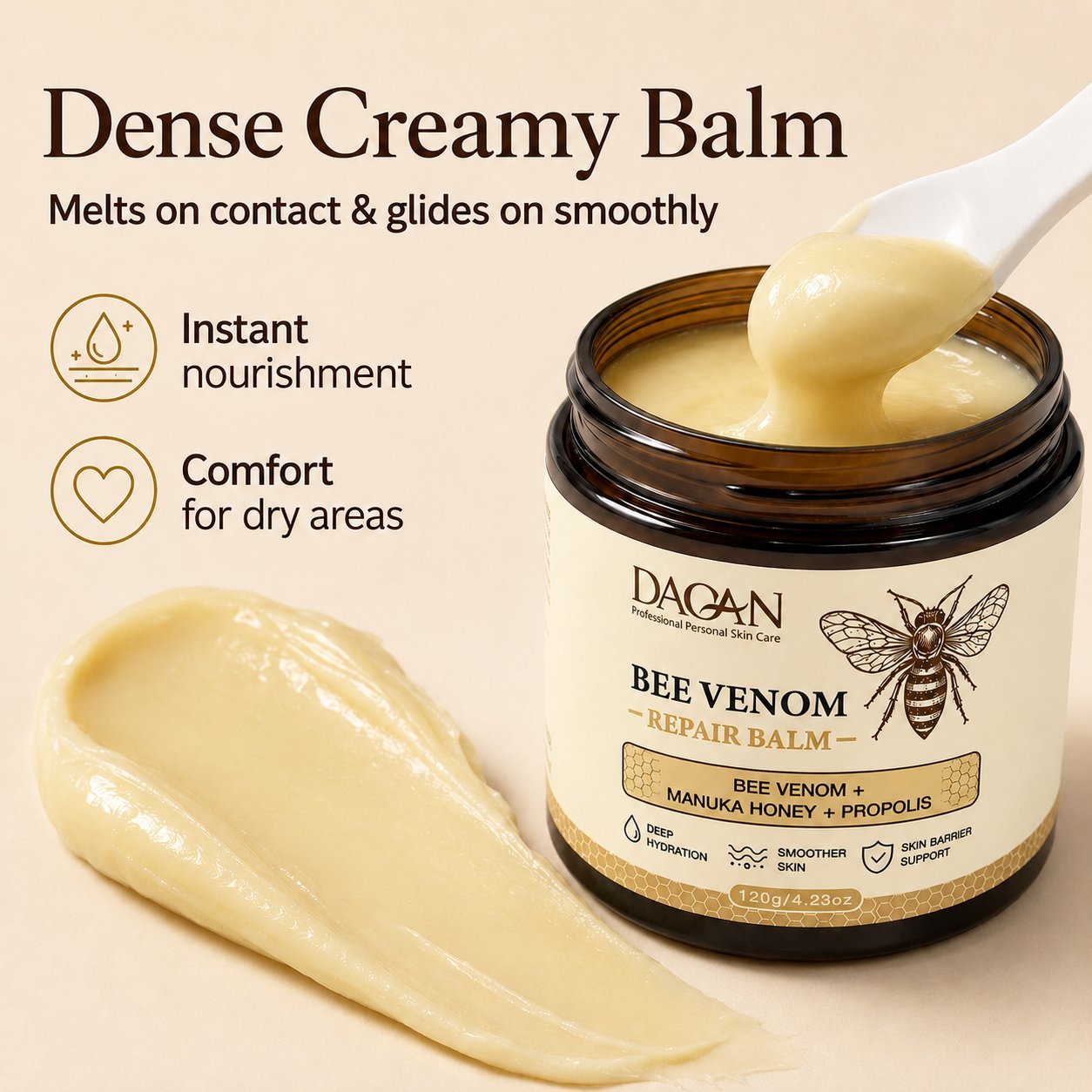 Open jar of DAQAN Bee Venom Repair Balm with a spoonful and cream swatch showing its dense, melt-on-contact texture.