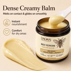 Open jar of DAQAN Bee Venom Repair Balm with a spoonful and cream swatch showing its dense, melt-on-contact texture.