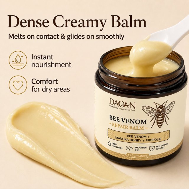 Open jar of DAQAN Bee Venom Repair Balm with a spoonful and cream swatch showing its dense, melt-on-contact texture.