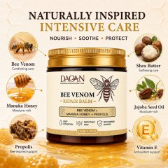 Ingredient infographic for DAQAN Bee Venom Repair Balm featuring bee venom, Manuka honey, propolis, shea butter, jojoba seed oil, and vitamin E.