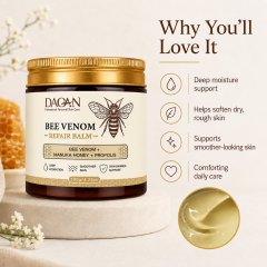 DAQAN Bee Venom Repair Balm with benefit icons for deep moisture, softer dry rough skin, smoother-looking skin, and comforting daily care.
