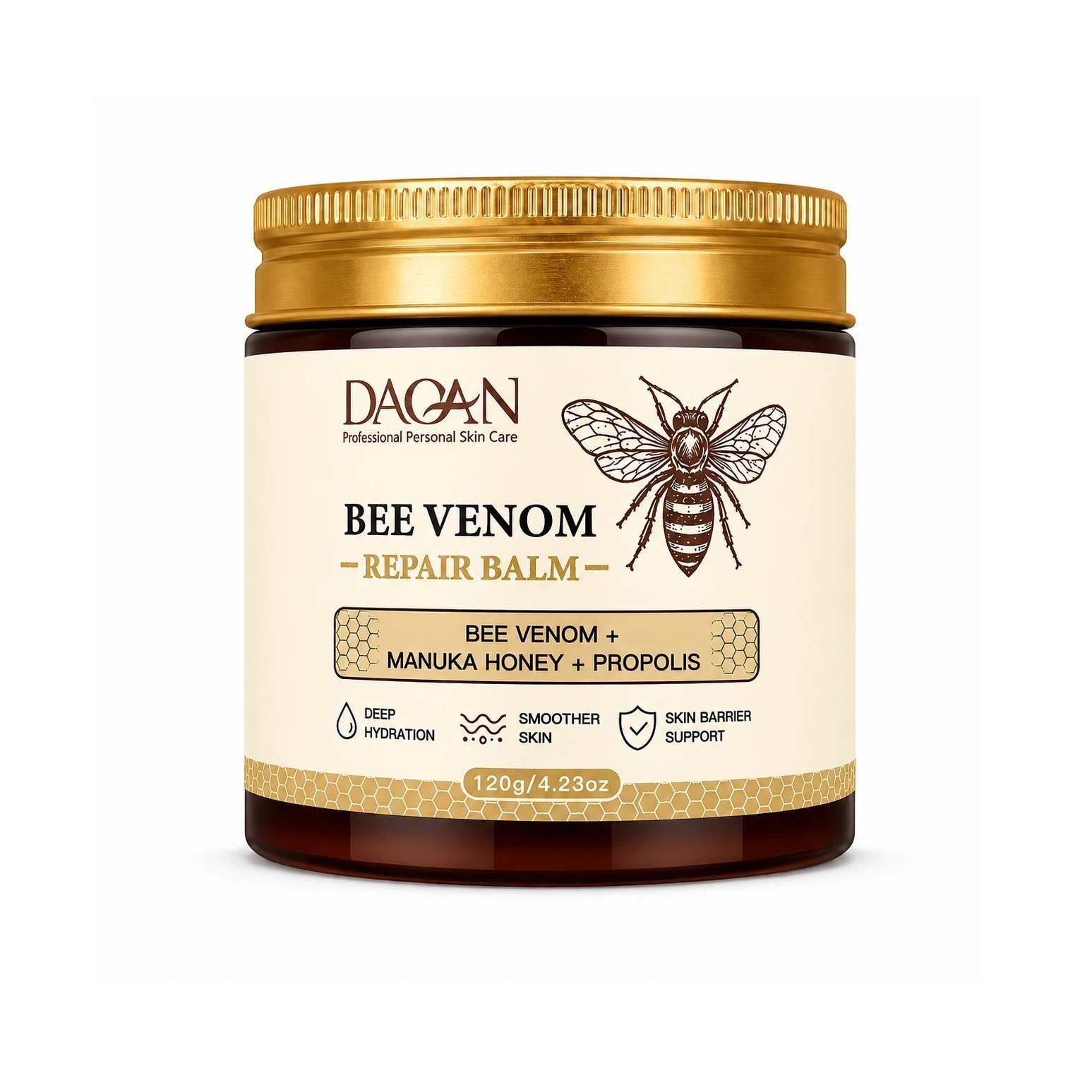 Front view of DAQAN Bee Venom Repair Balm in a 120g amber jar labeled with bee venom, Manuka honey, propolis, deep hydration, and skin barrier support.