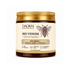 Front view of DAQAN Bee Venom Repair Balm in a 120g amber jar labeled with bee venom, Manuka honey, propolis, deep hydration, and skin barrier support.