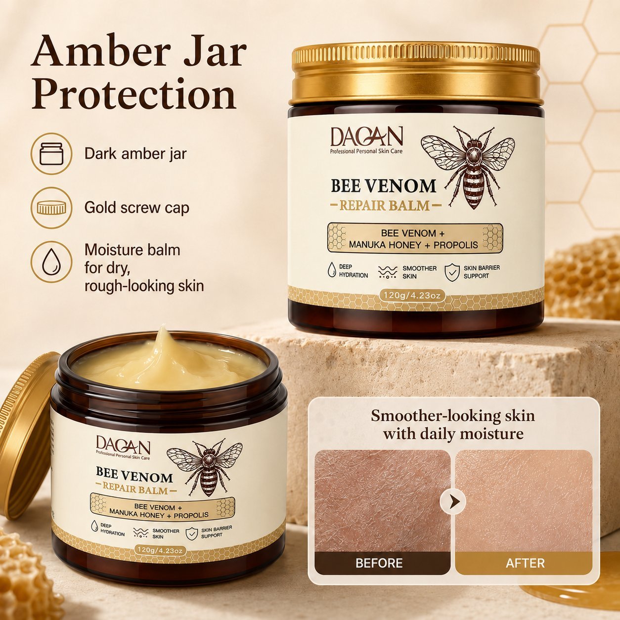 Two DAQAN Bee Venom Repair Balm jars in dark amber packaging with a creamy balm texture and a before-and-after dry-skin comparison graphic.