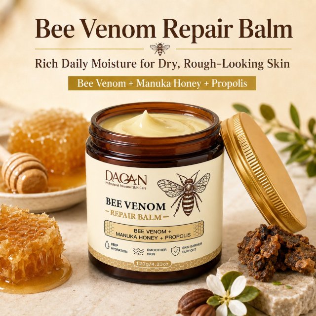 Open 120g jar of DAQAN Bee Venom Repair Balm displayed with honeycomb, Manuka honey, propolis, and botanical accents for dry, rough-looking skin care.