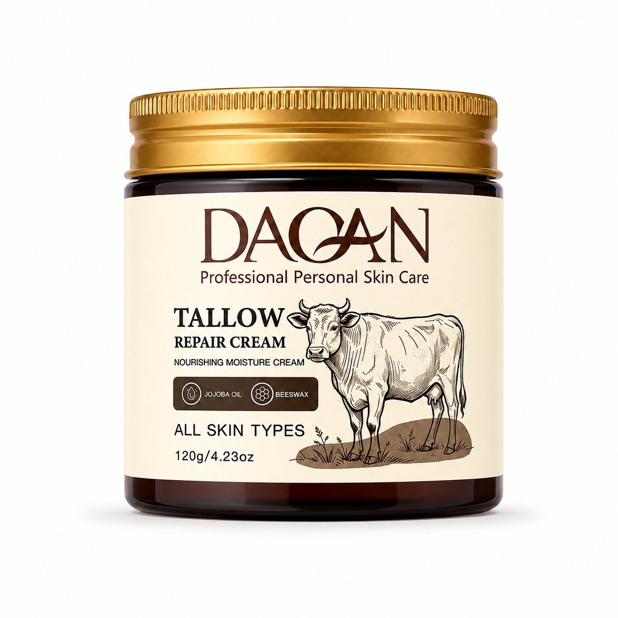 Front view of DAQAN Tallow Repair Cream in a 120g amber jar labeled with jojoba oil, beeswax, and all skin types.