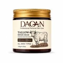 Front view of DAQAN Tallow Repair Cream in a 120g amber jar labeled with jojoba oil, beeswax, and all skin types.