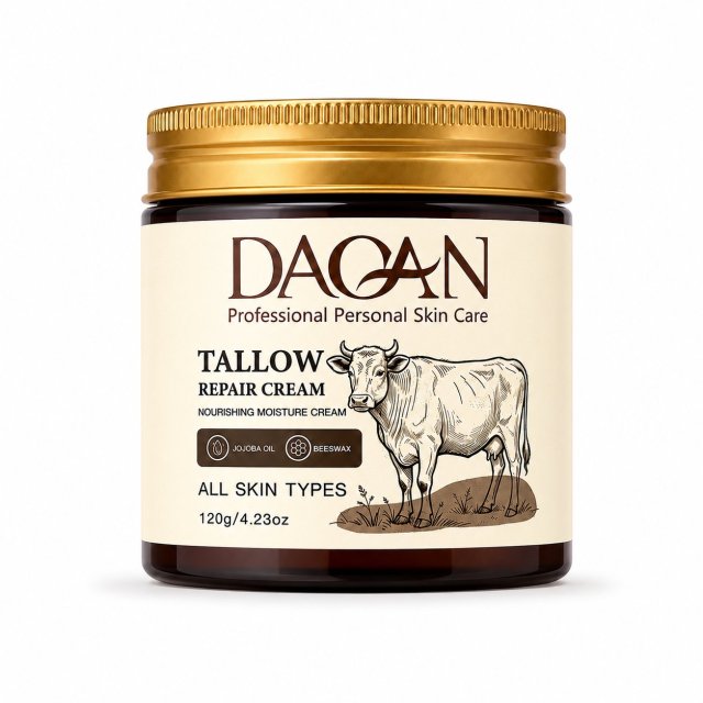 Front view of DAQAN Tallow Repair Cream in a 120g amber jar labeled with jojoba oil, beeswax, and all skin types.