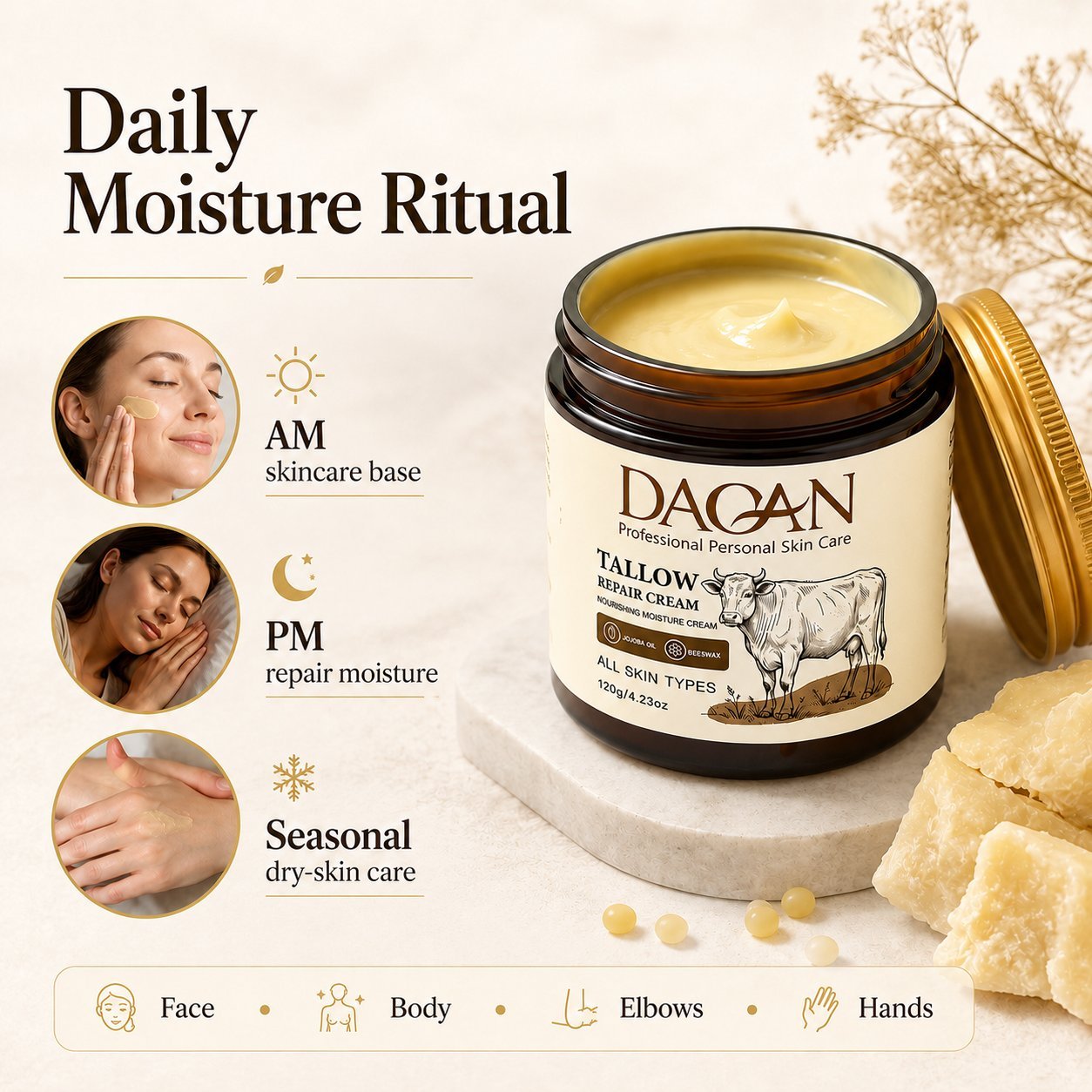 Open jar of DAQAN Tallow Repair Cream shown for morning, evening, and seasonal dry-skin care on the face, body, elbows, and hands.